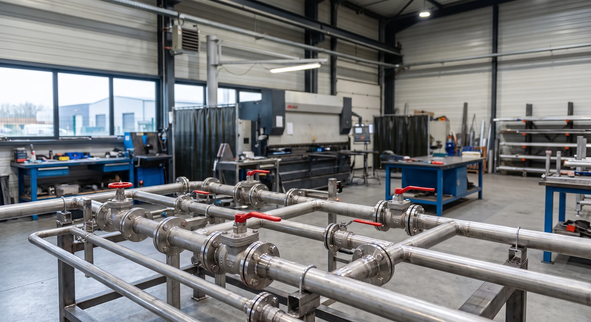 Atelier de tuyauterie industrielle : réseau de tubes en acier inoxydable assemblés avec vannes de sectionnement rouges et brides de raccordement en premiers plans, équipements de mise en forme et postes de travail flous en arrière-plan, éclairage industriel, ambiance professionnelle sans personnel.