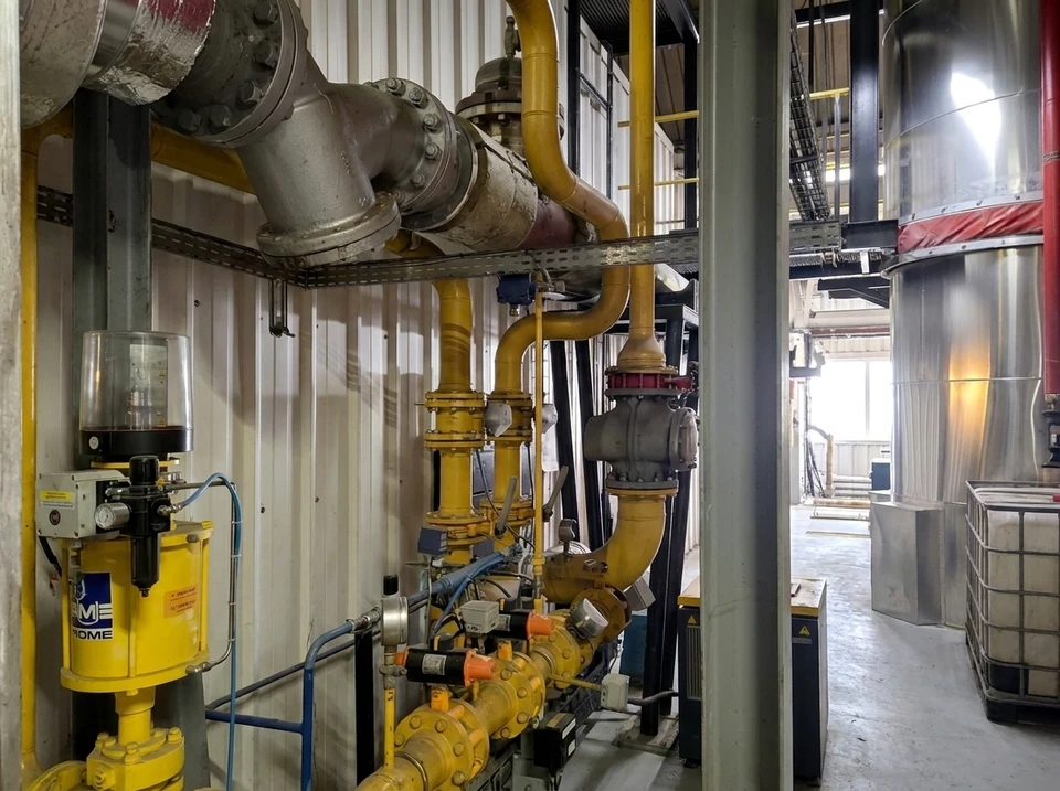 Intérieur industriel avec réseau de tuyauterie gaz, tubes jaunes DN200 avec coudes et réducteurs, vannes de sectionnement à opercule, régulateur de pression gaz, filtre séparateur AME/ROME monté en rack