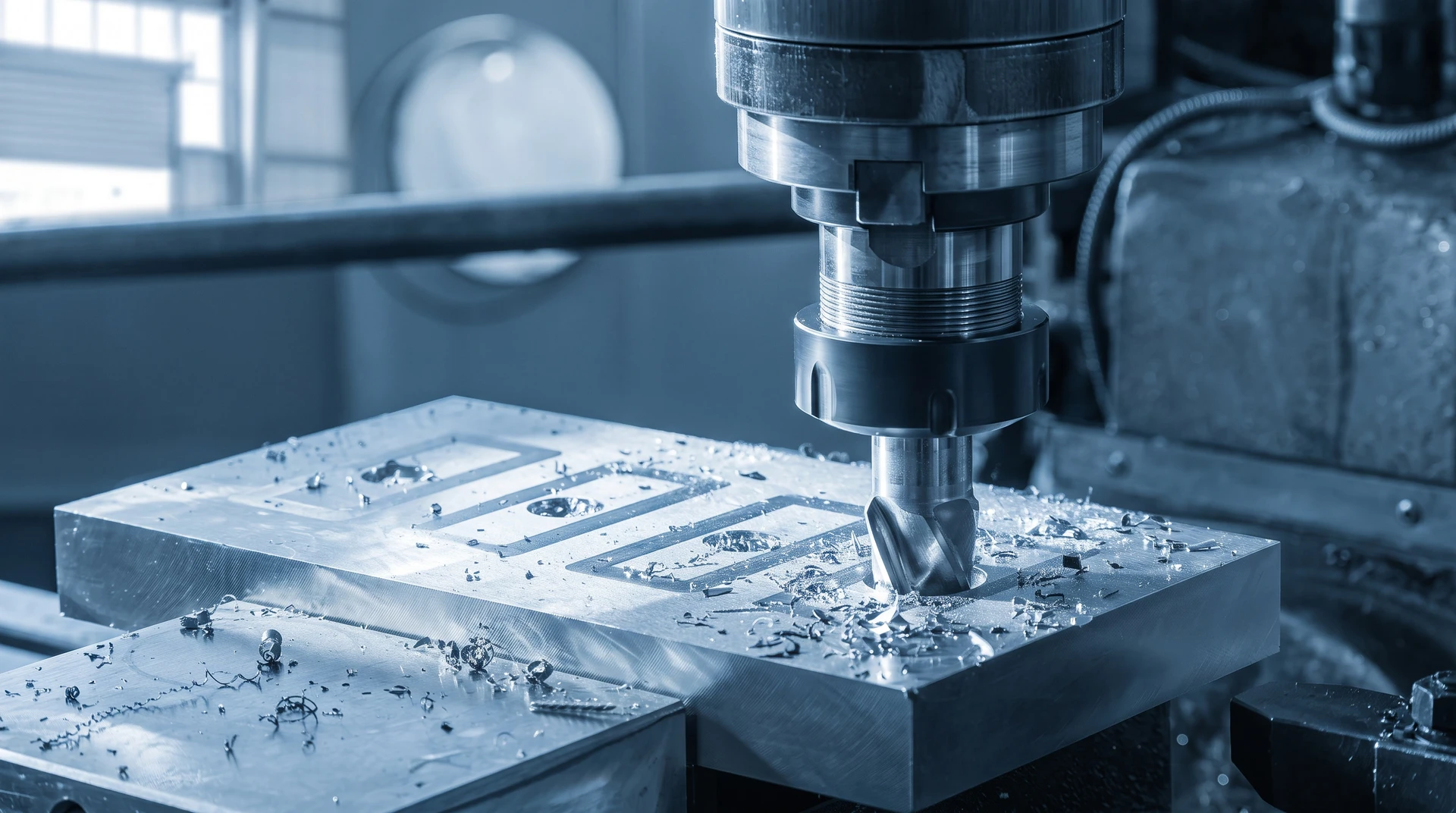 Établi d'assemblage en atelier de tuyauterie industrielle : structure métallique de skid préassemblé reposant sur châssis en profilés acier, avec réseau de tuyauteries préfabriquées, poutres soudées, vannes et raccords boulonnés, éclairage LED d'atelier, fond béton et murs de bâtiment industriel.