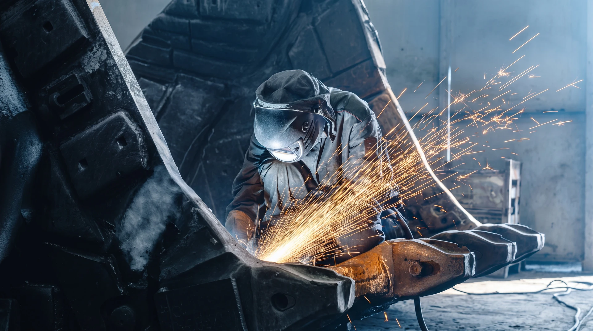 Soudeur professionnel en action dans un atelier industriel, portant masque de protection et gants de sécurité