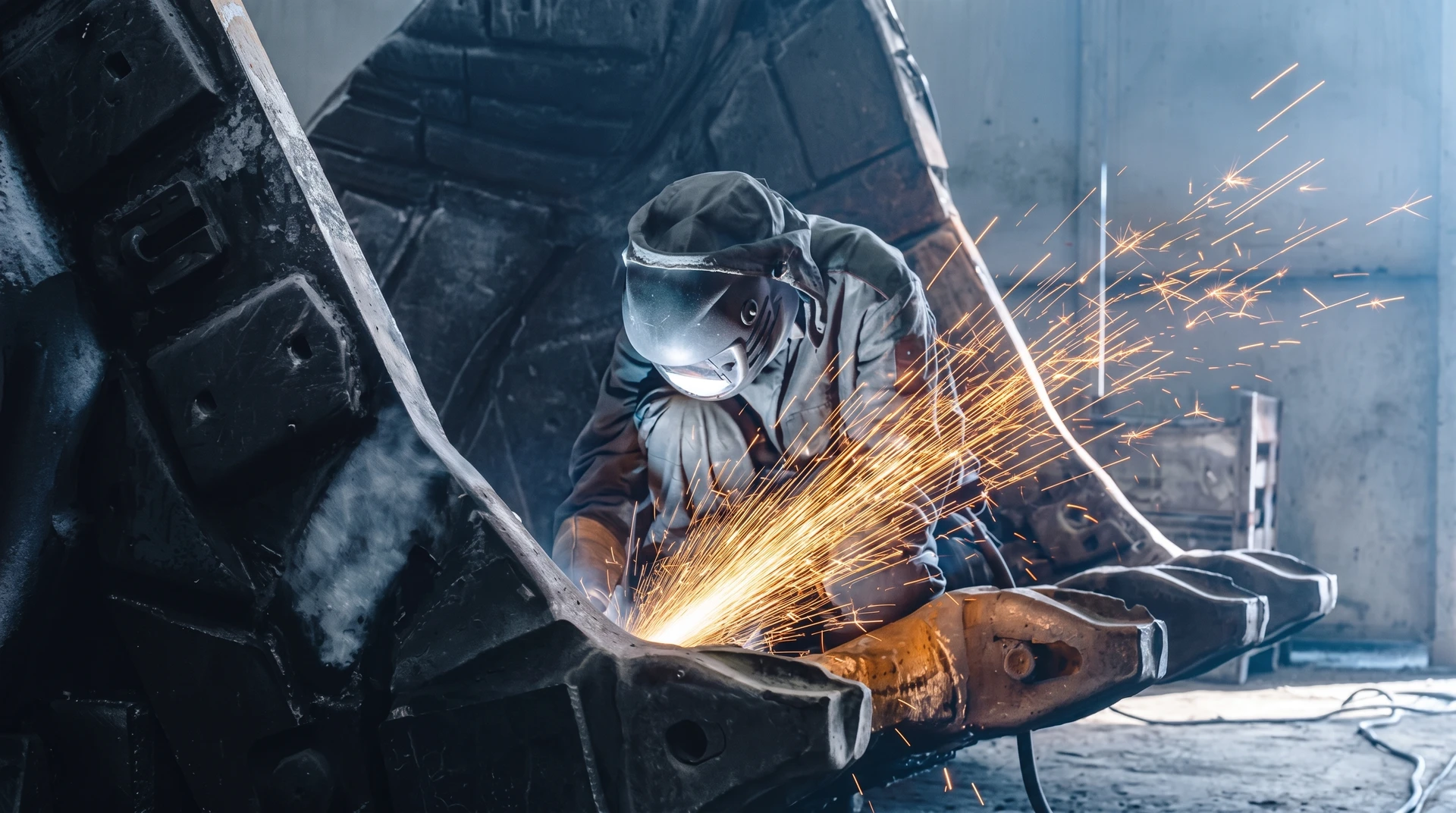 Soudeur professionnel en combinaison de protection et masque de soudage travaillant sur une structure métallique dans un atelier industriel